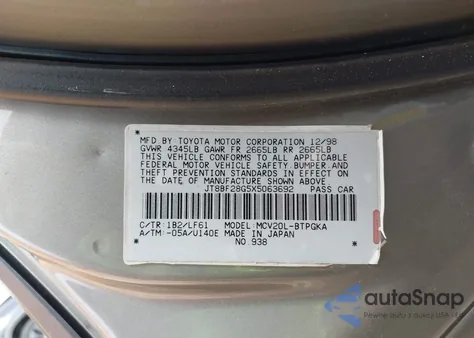 1999 Lexus Es 300 from USA, damaged, VIN JT8BF28G5X5063692